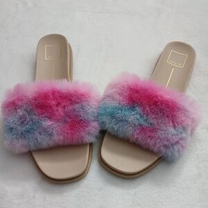Dolce Vita Women's Gaia Faux Fur Sandals Size 11 Pink Bright Multi Tie Dye